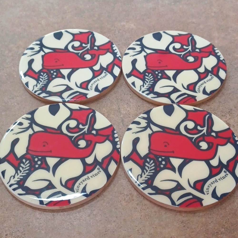 Vineyard Vines Set of 4 Hibiscus Whale Rubber Wood Coasters